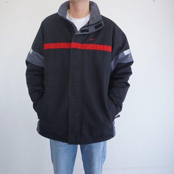VTG Y2K Gray Tag Nike Black Red Fleece Lined Red Check Zip Up Nylon Ski Jacket L - Picture 1 of 11